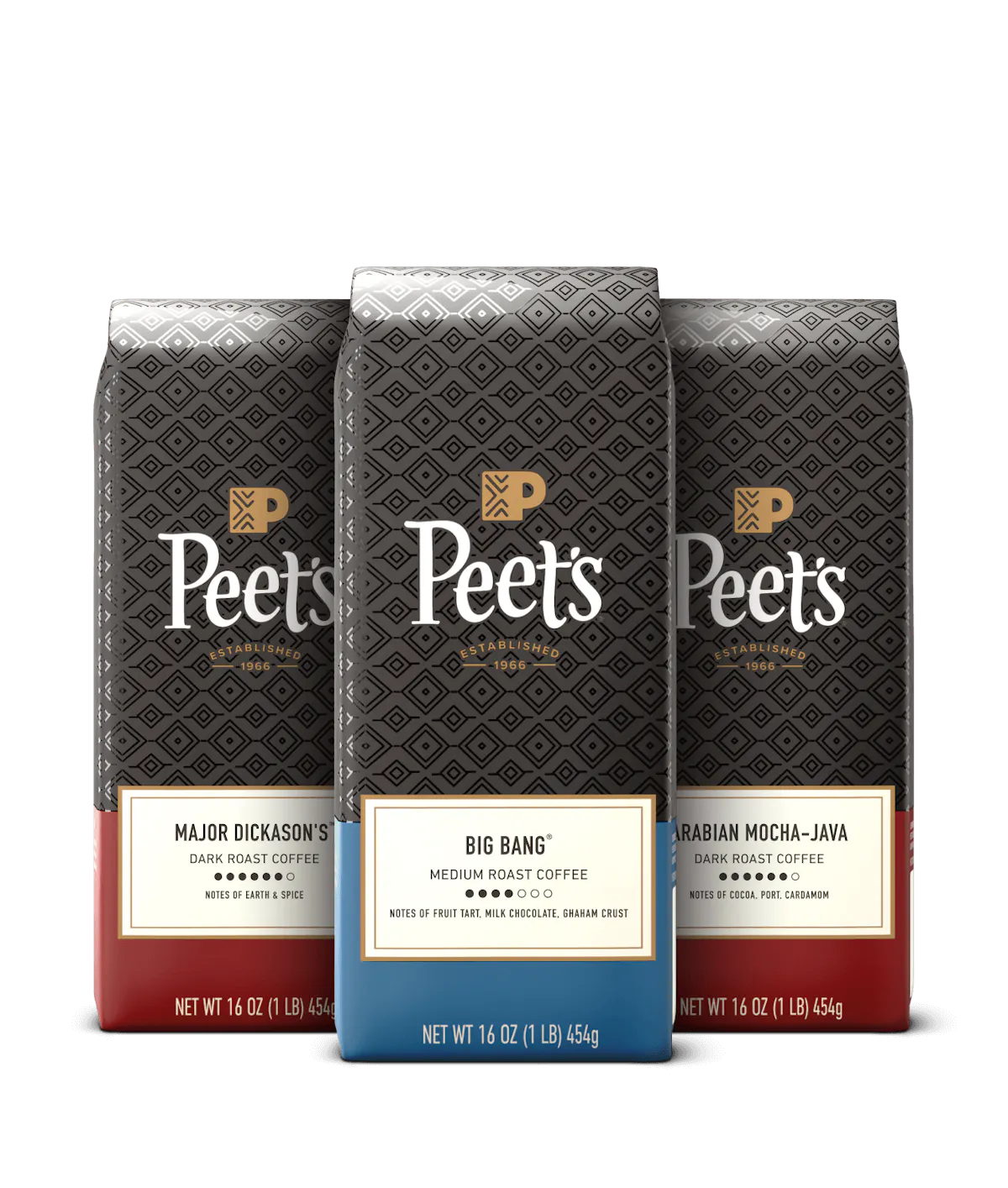 Three Peet's coffee bags with different flavors on a black background