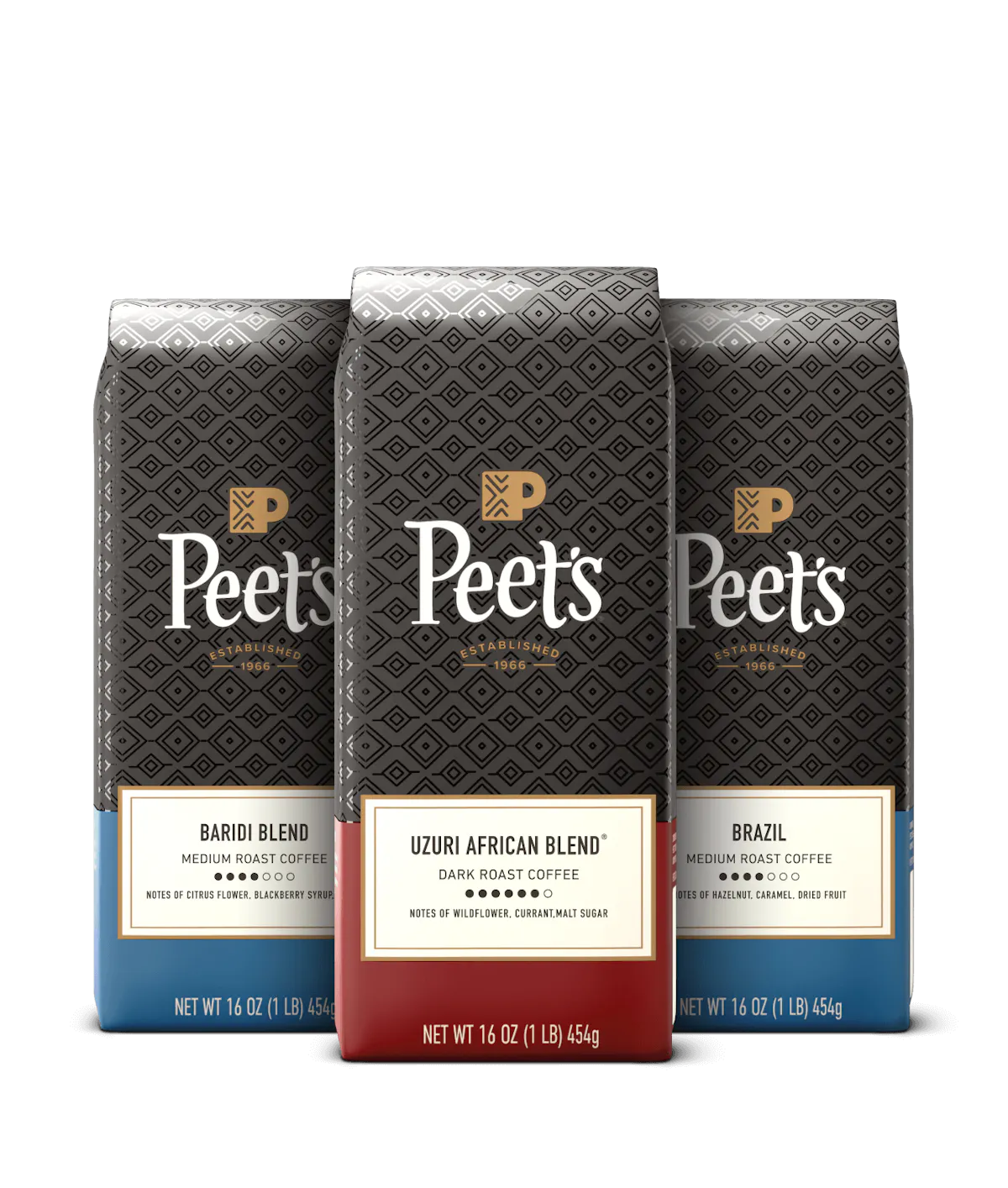 Three Peet's coffee bags with different blends on a black background