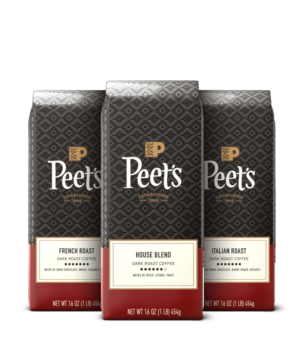 Three Peet's coffee bags with different roast types on a black background