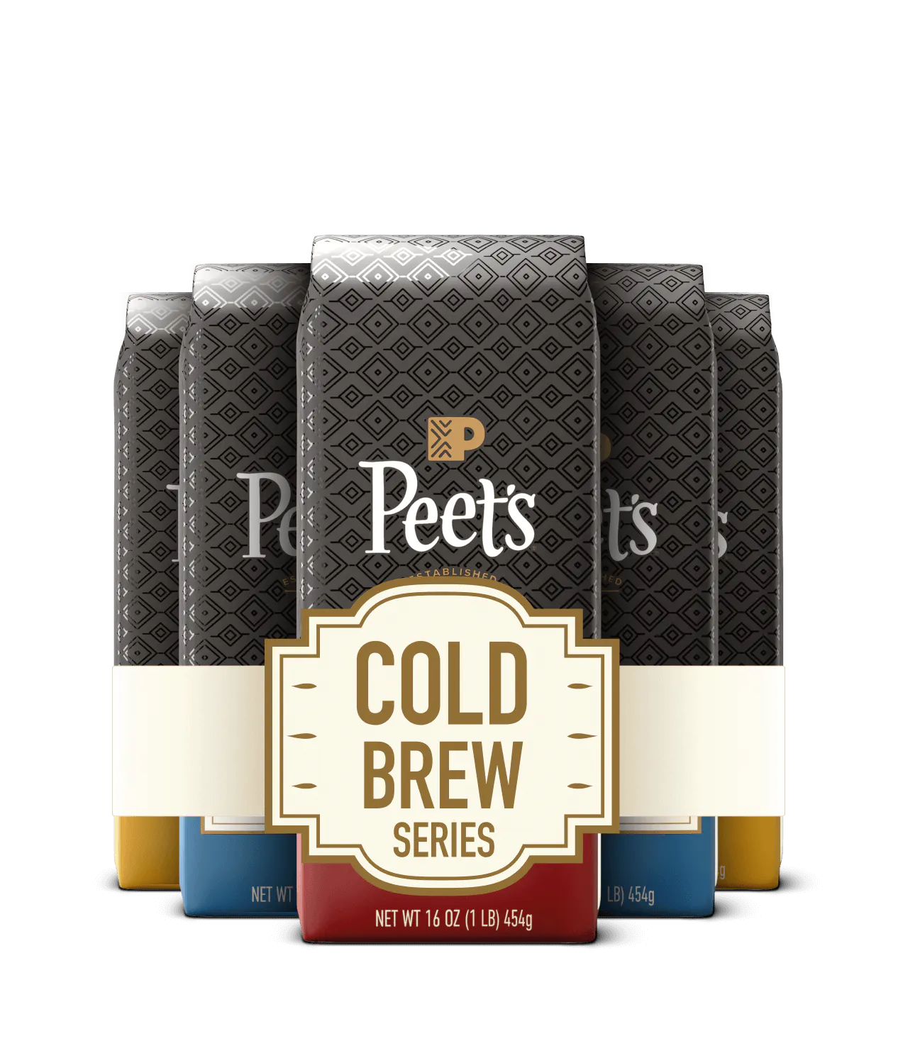 Packaging of Peet's Cold Brew Series coffee bags on a black background