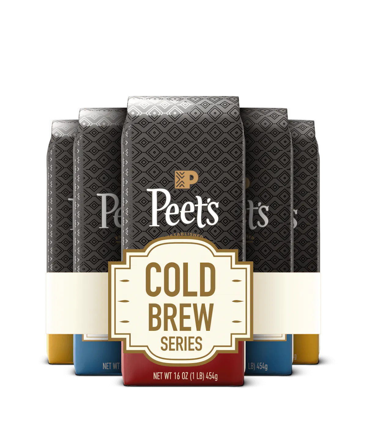 Packaging of Peet's Cold Brew Series coffee bags on a black background