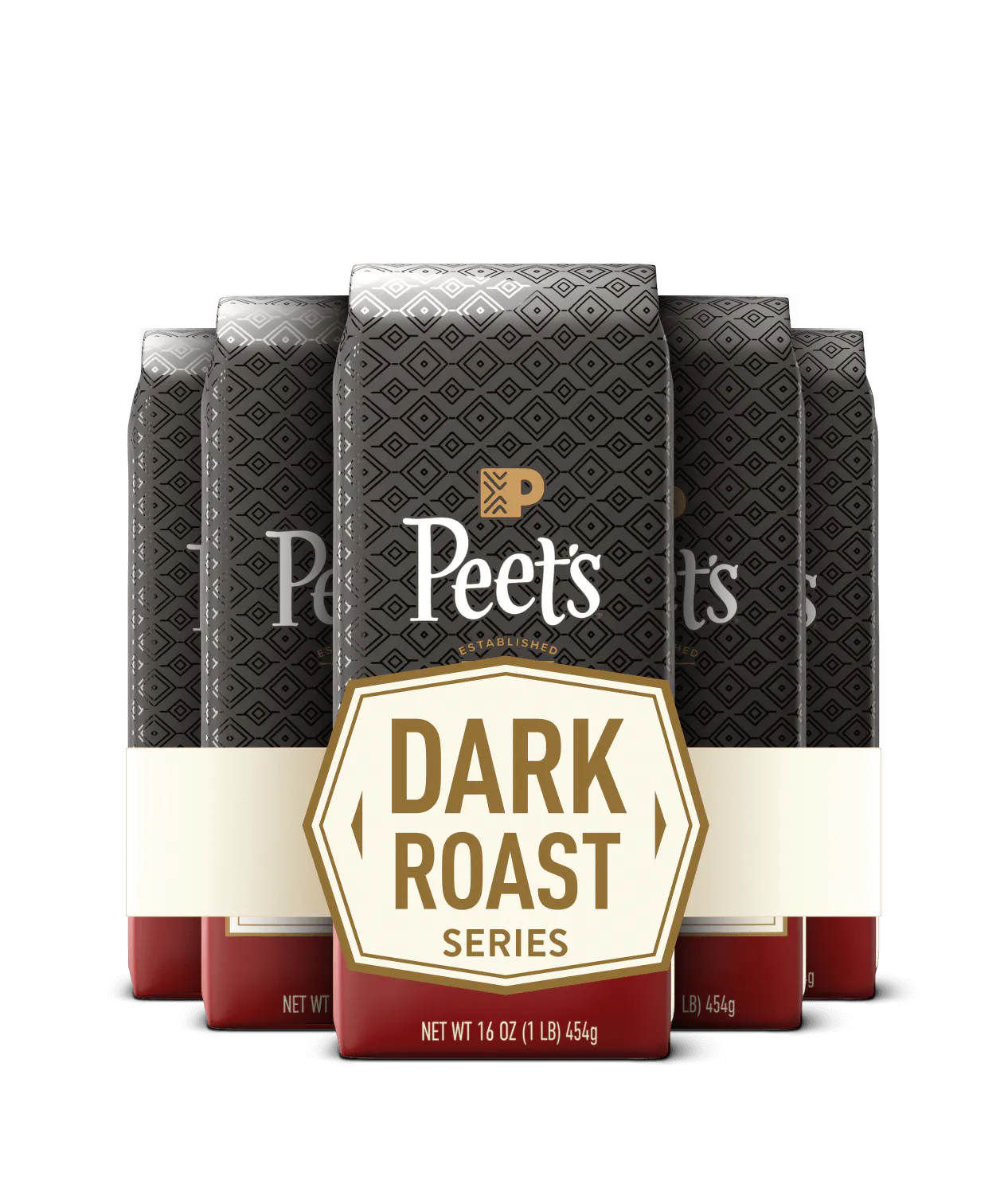 Peet's Dark Roast Coffee subscription with red coffee bags on a black background
