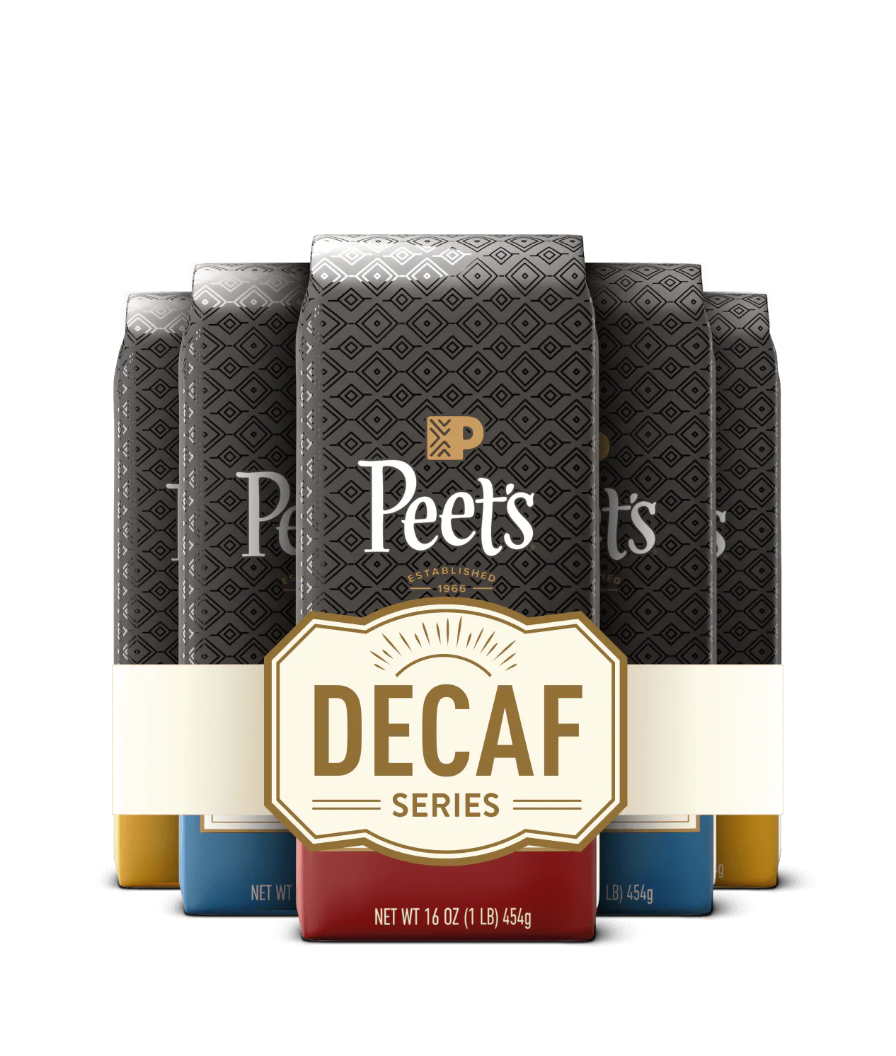 Peet's Decaf coffee packages with a black background