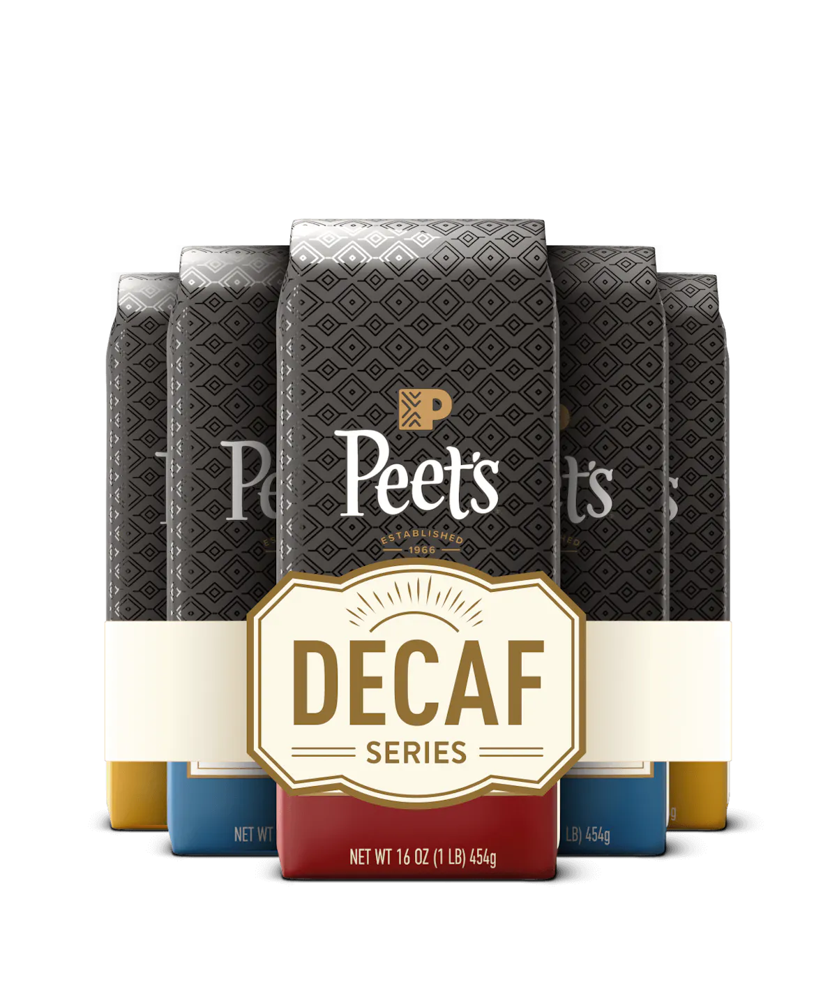 Peet's Decaf coffee packages with a black background