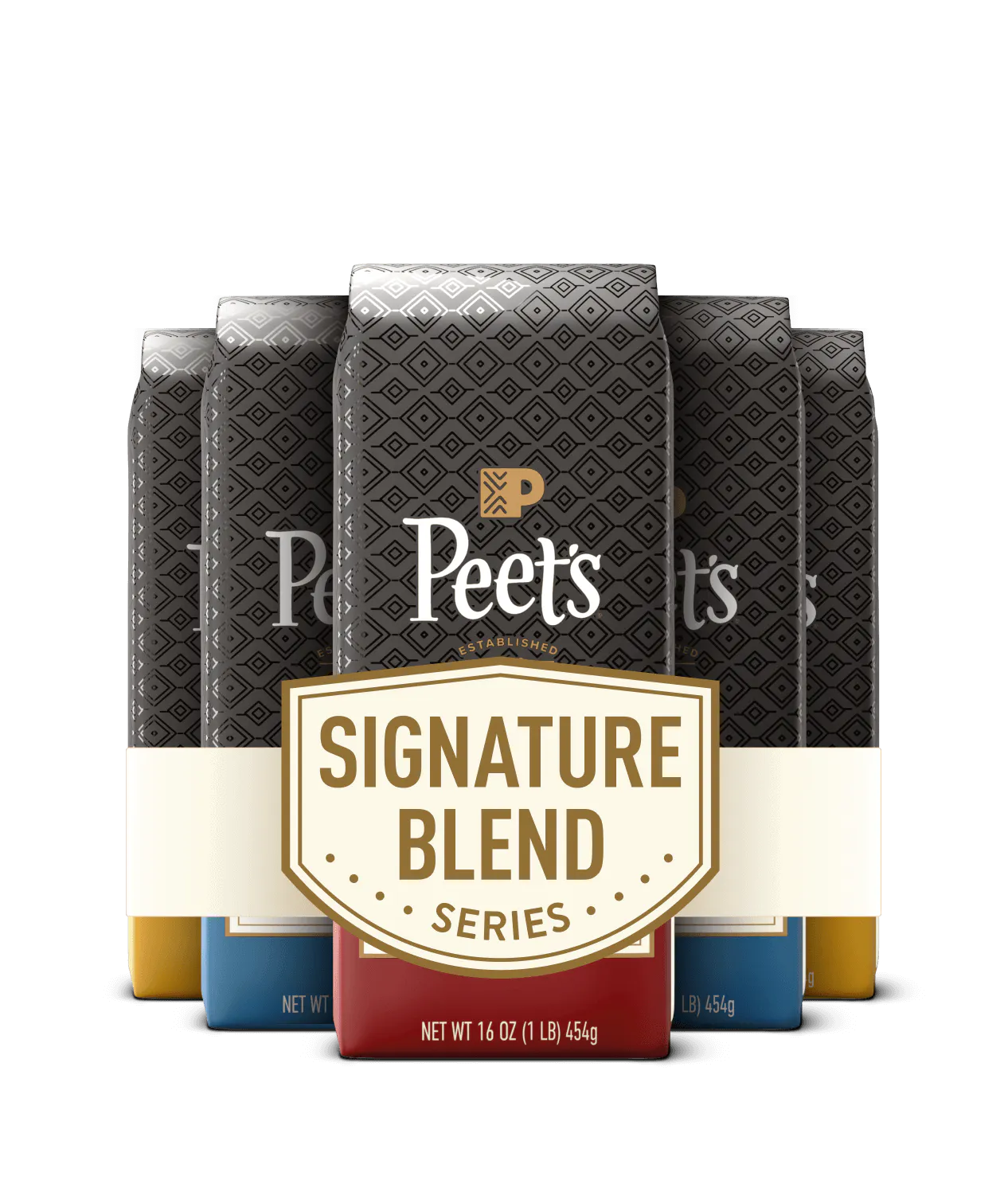Peet's coffee bags with 'Signature Blend' series label on a black background