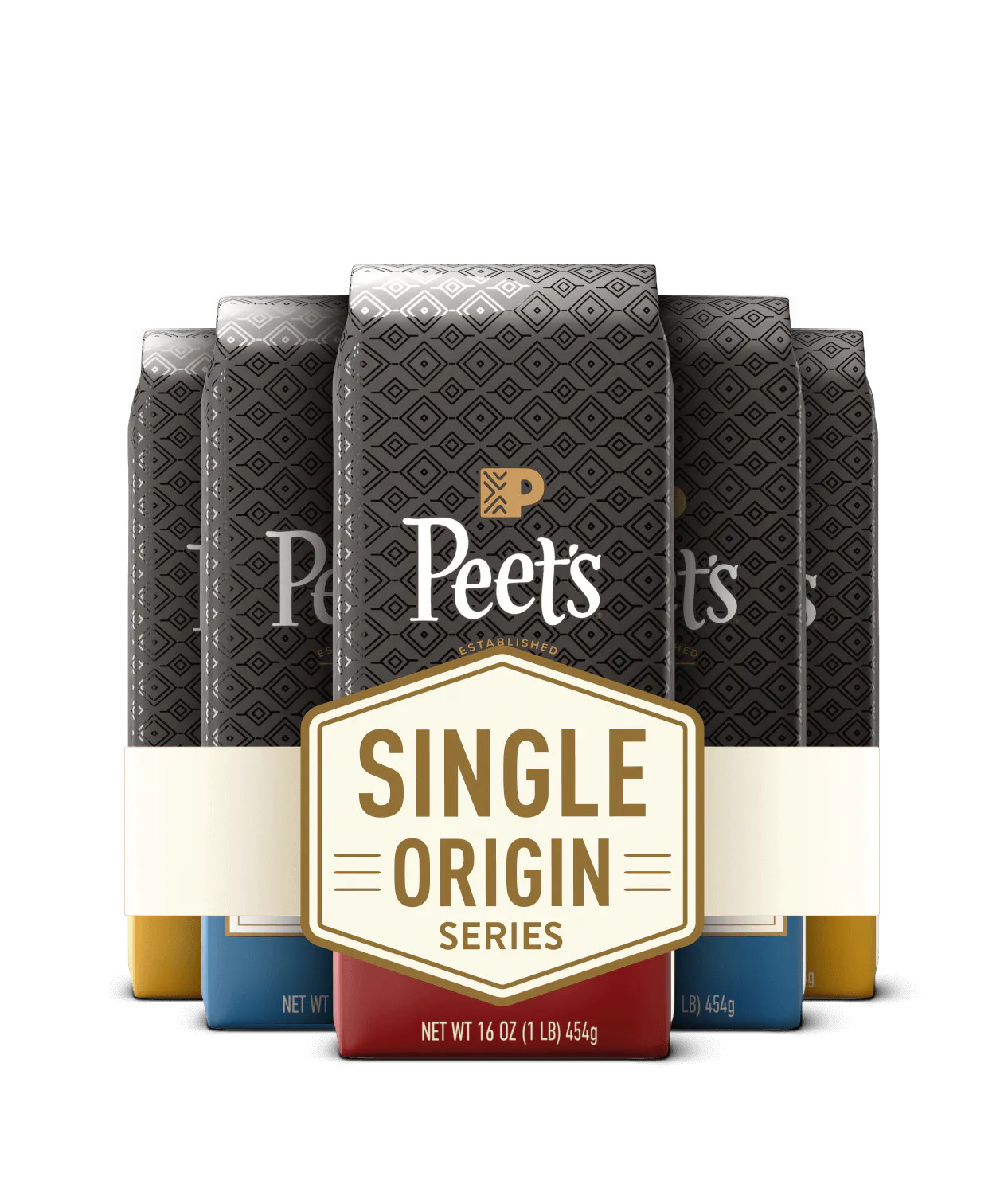 Peet's coffee Single origin series subscription badge with multi colored Peet's coffee bags behind the badge
