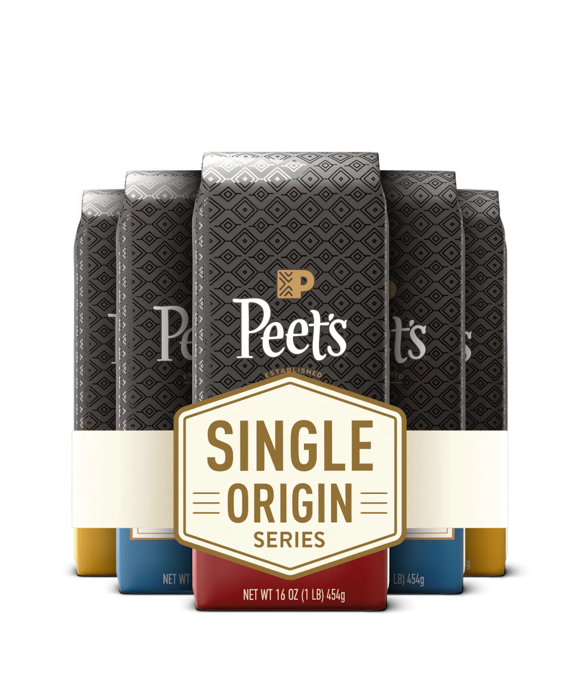 Peet's coffee Single origin series subscription badge with multi colored Peet's coffee bags behind the badge