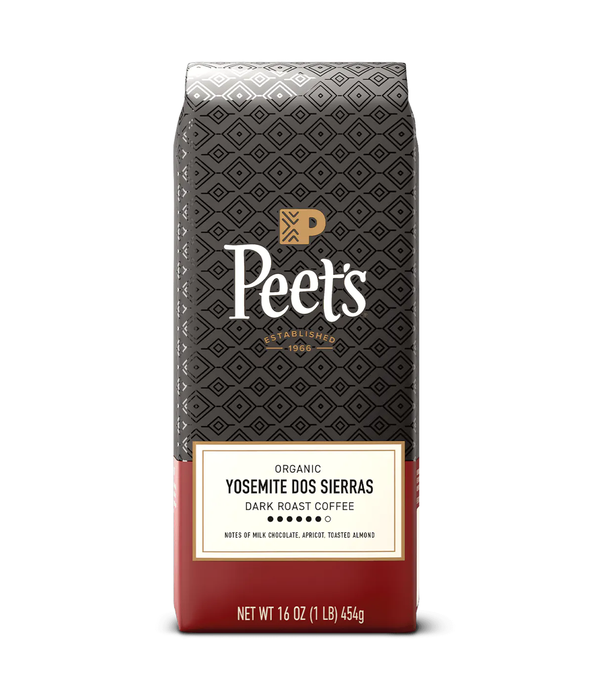 Peet's coffee Yosemite dos sierras bag with a black and red design on a green background