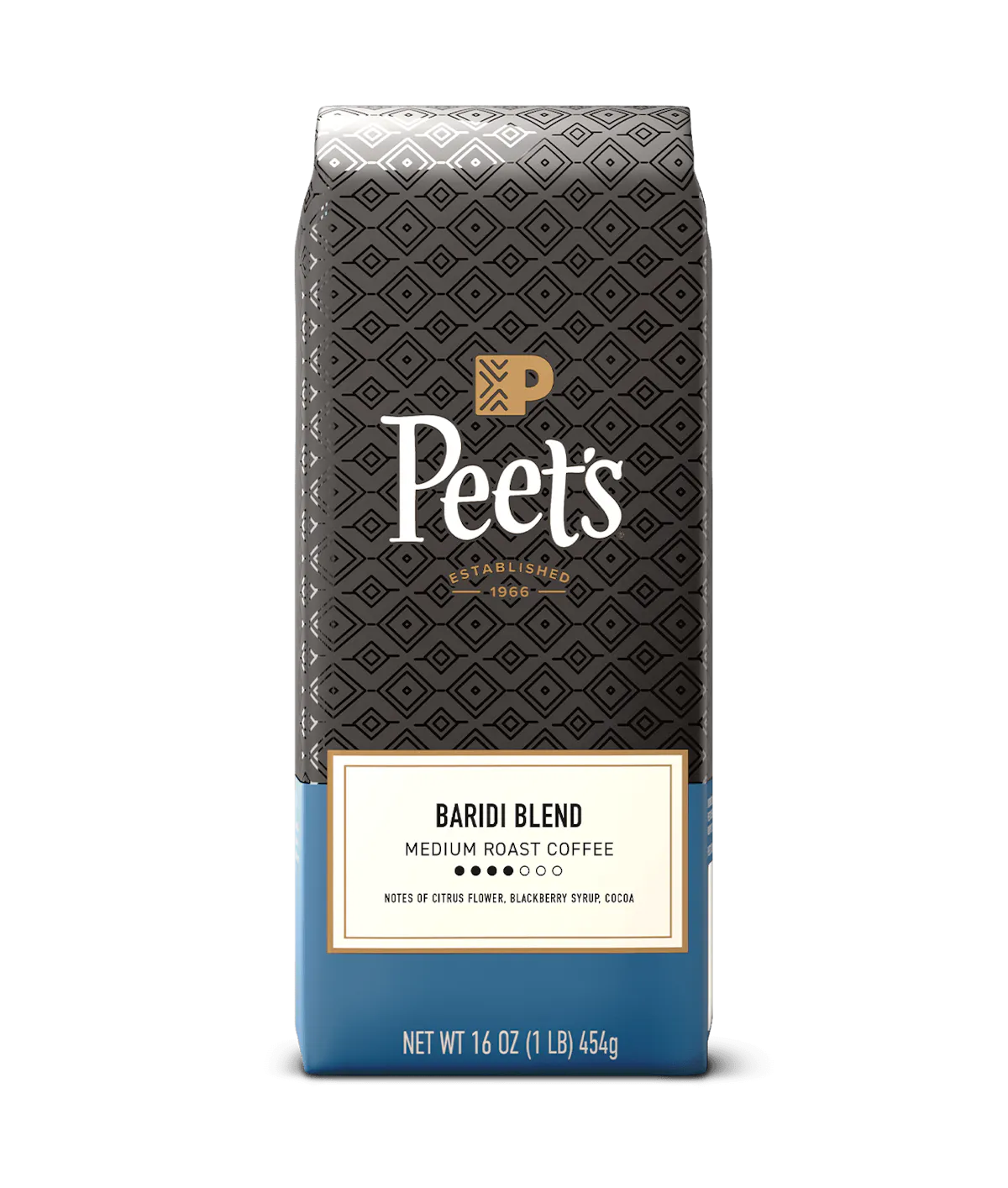 Peet's coffee Baridi blend bag with black and blue design on a transparent background