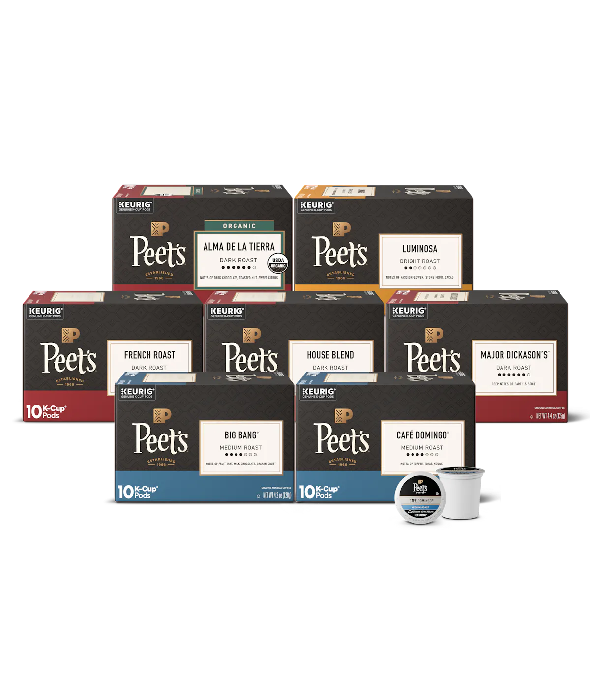 A set of Peets coffee pods in various dark boxes with different flavor labels, arranged on a white background with two individual pods in front.
