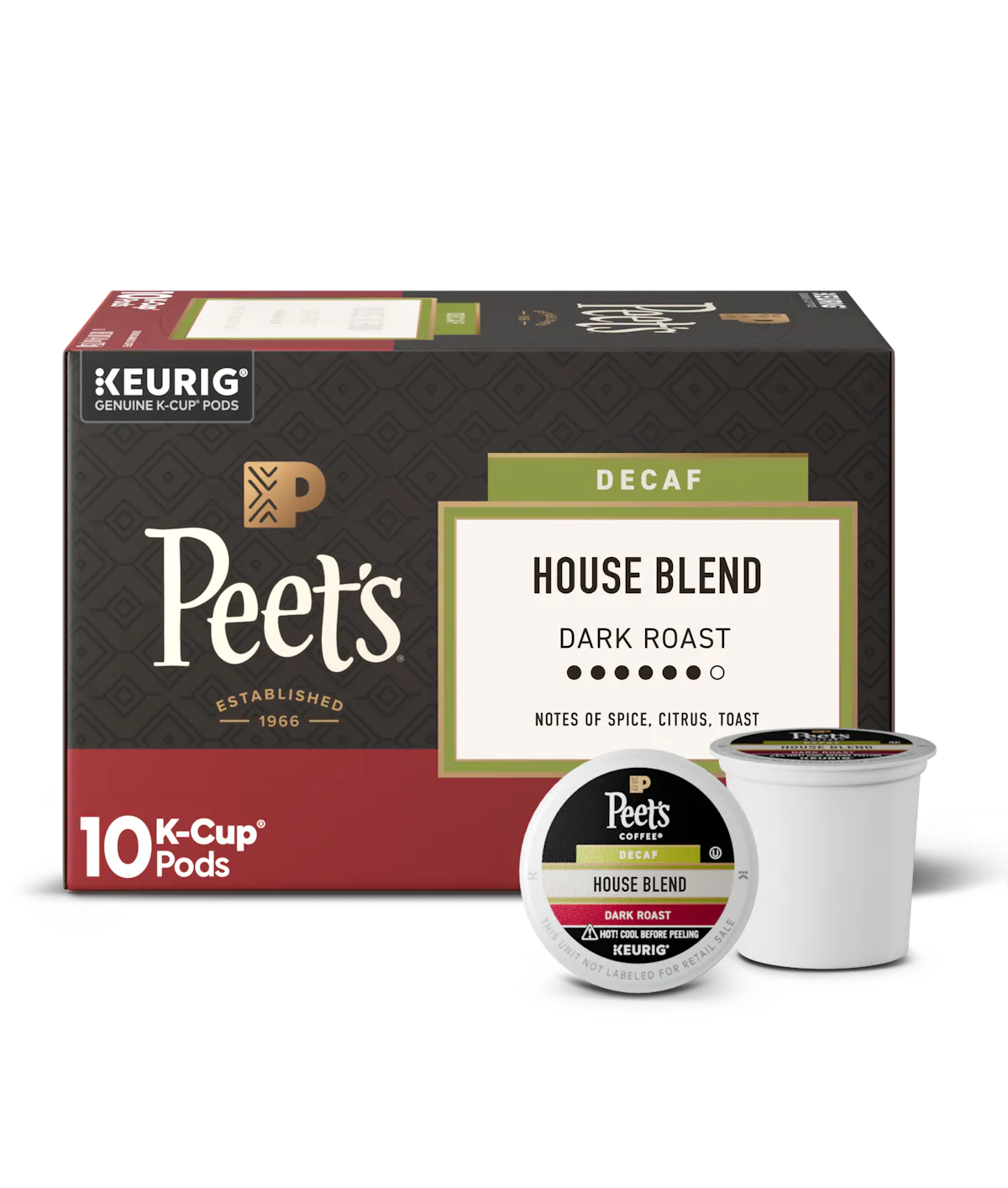 Box of Peet's K-Cup coffee pods with a single pod on a white background