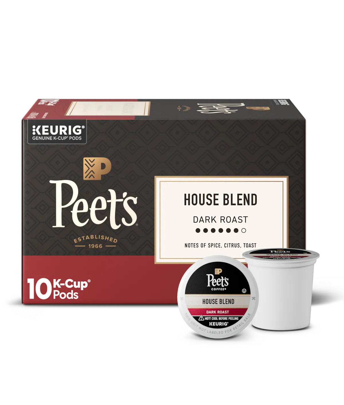 Peet's Coffee French Roast K-Cup pods packaging with a single pod displayed.
