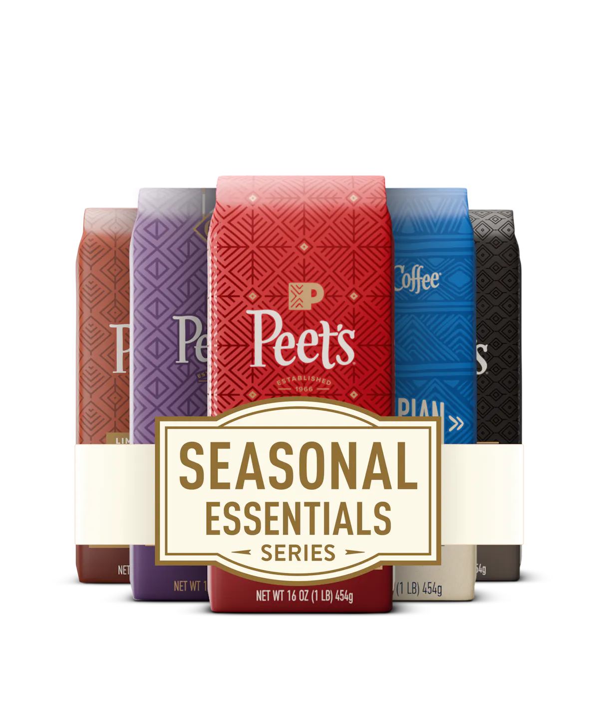 A group of Peets coffee bags from the Seasonal Essentials Series, including Red, Purple, Blue, and Brown varieties, arranged in a row with a white paper band across the middle.