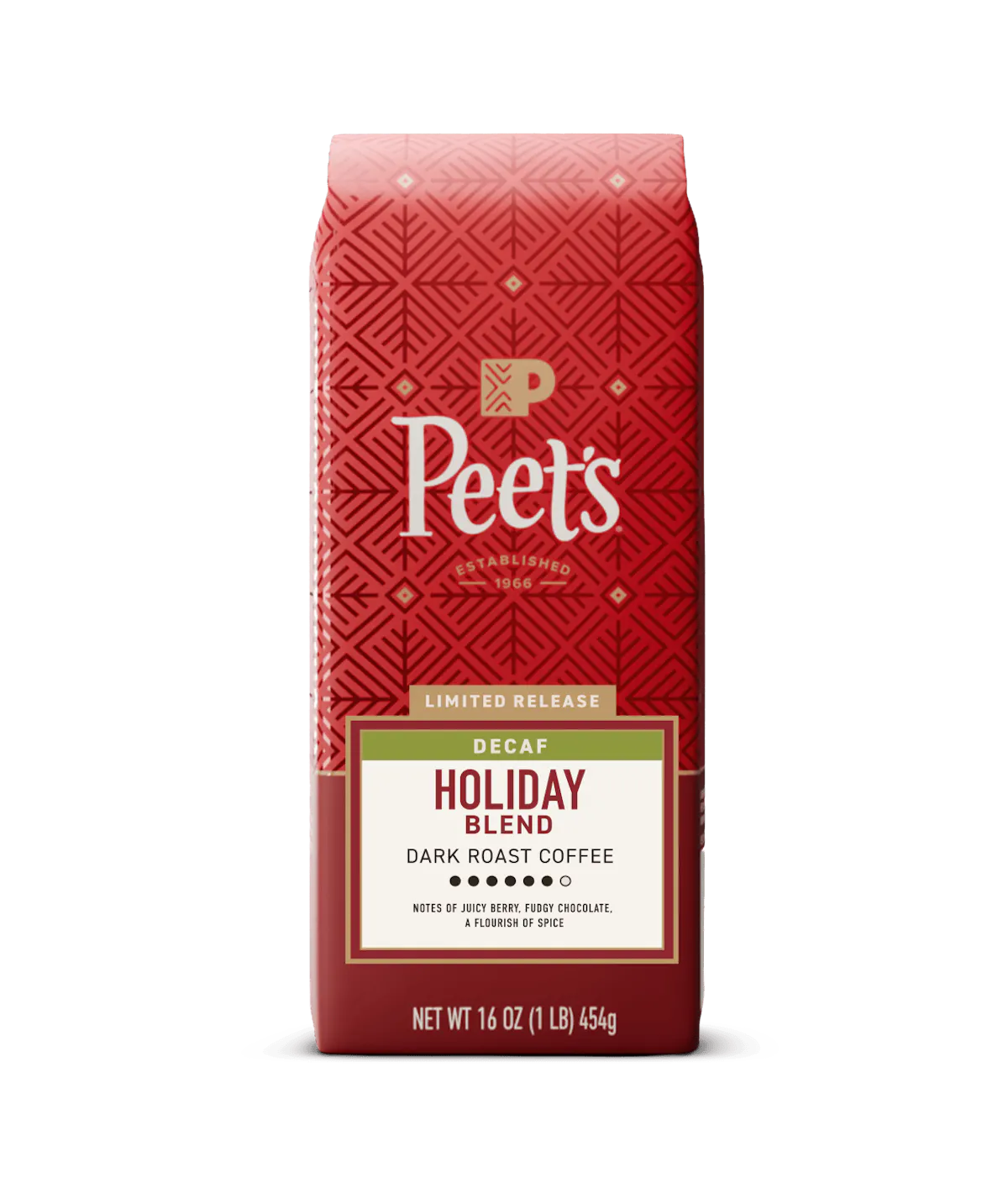 A red Peet's Decaf Holiday Blend dark roast coffee bag on a clean white background.