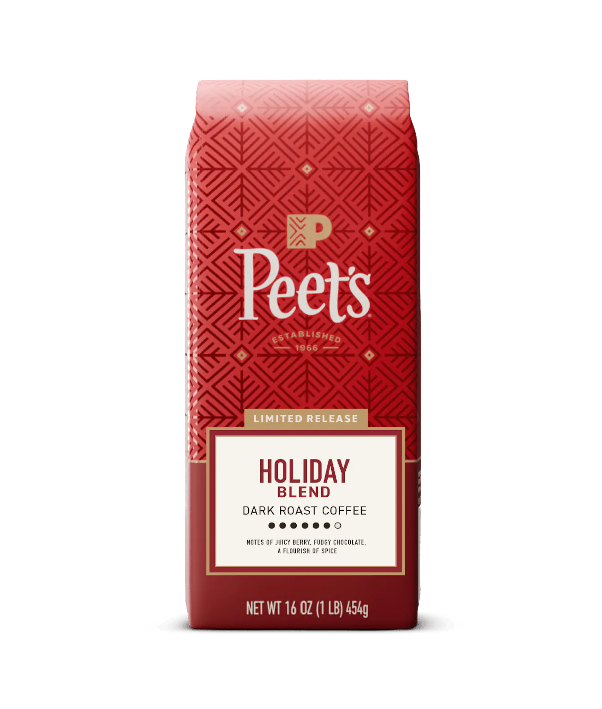 A 16 oz bag of Peet's Holiday Blend Dark Roast Coffee, featuring a festive red packaging design with a geometric pattern and a cream label at the bottom.