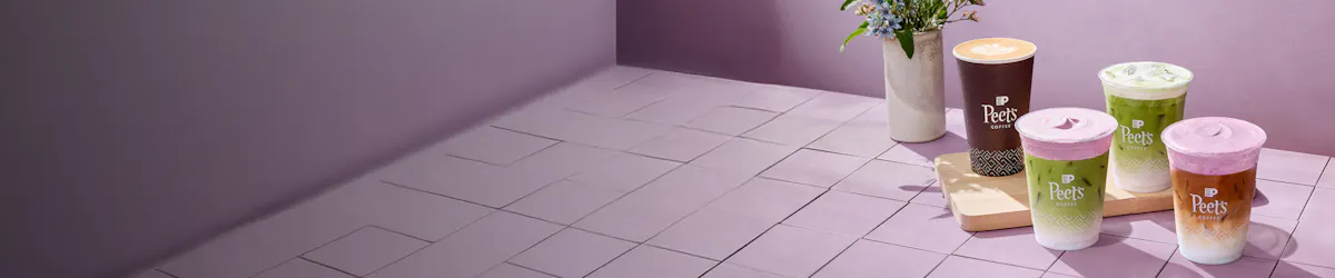 Four coffee cups with lids on a tiled floor, with a purple wall in the background.