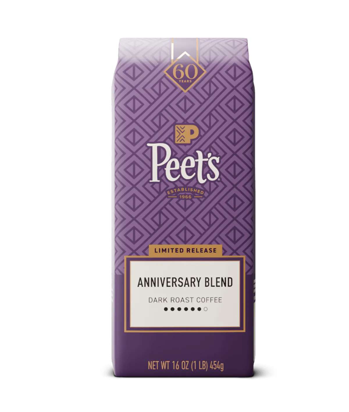 Purple coffee bag with 'Peet's' branding on a white background
