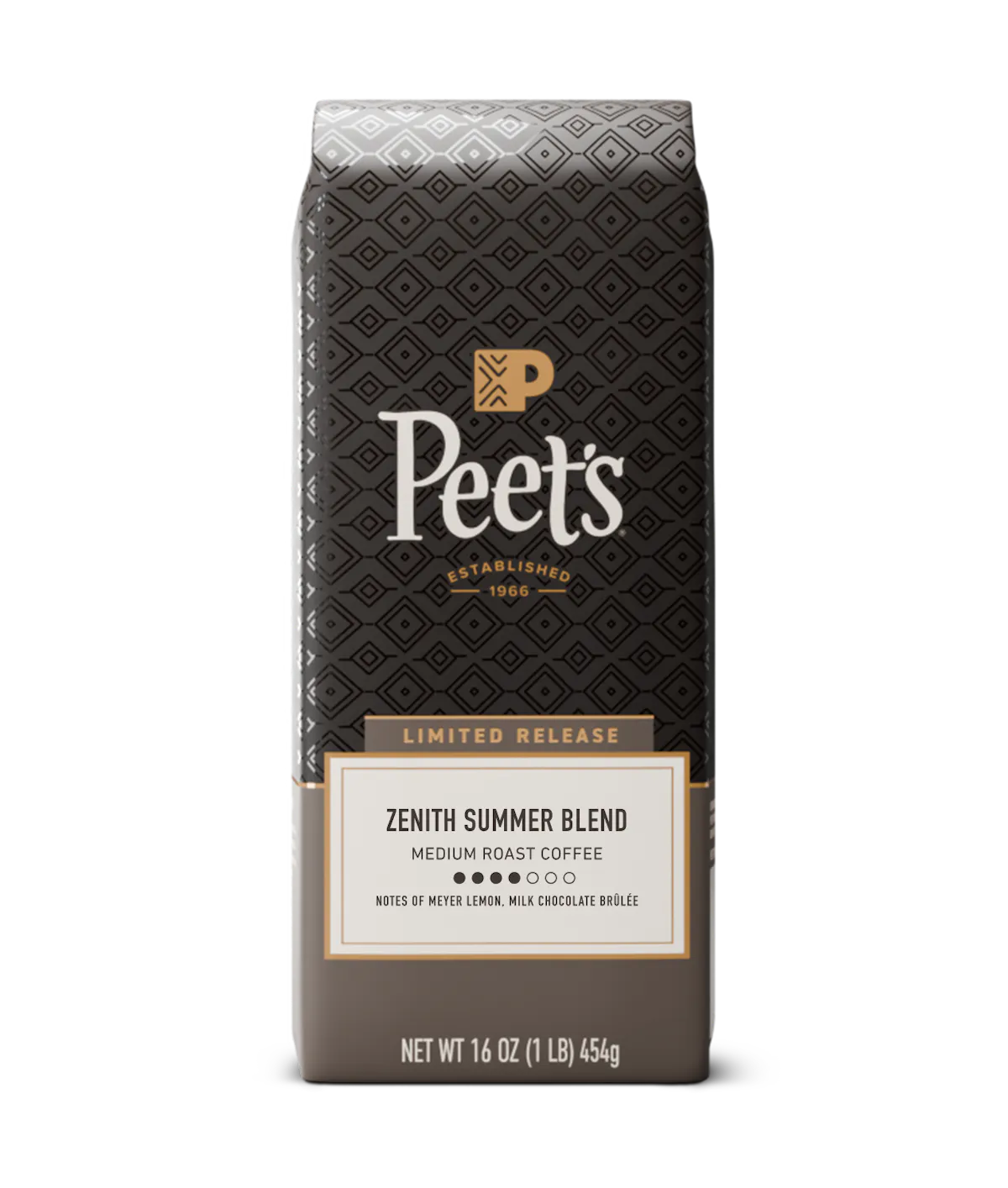 Peet's Coffee bag with 'Zenith Summer Blend' on a white background