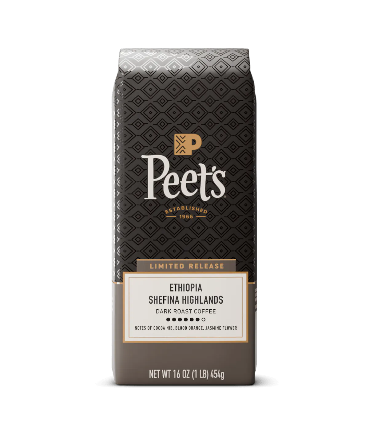 Peet's Ethiopia Shefina Highlands limited release dark roast coffee in a 16 oz bag, featuring a dark brown patterned design with gold and white text.
