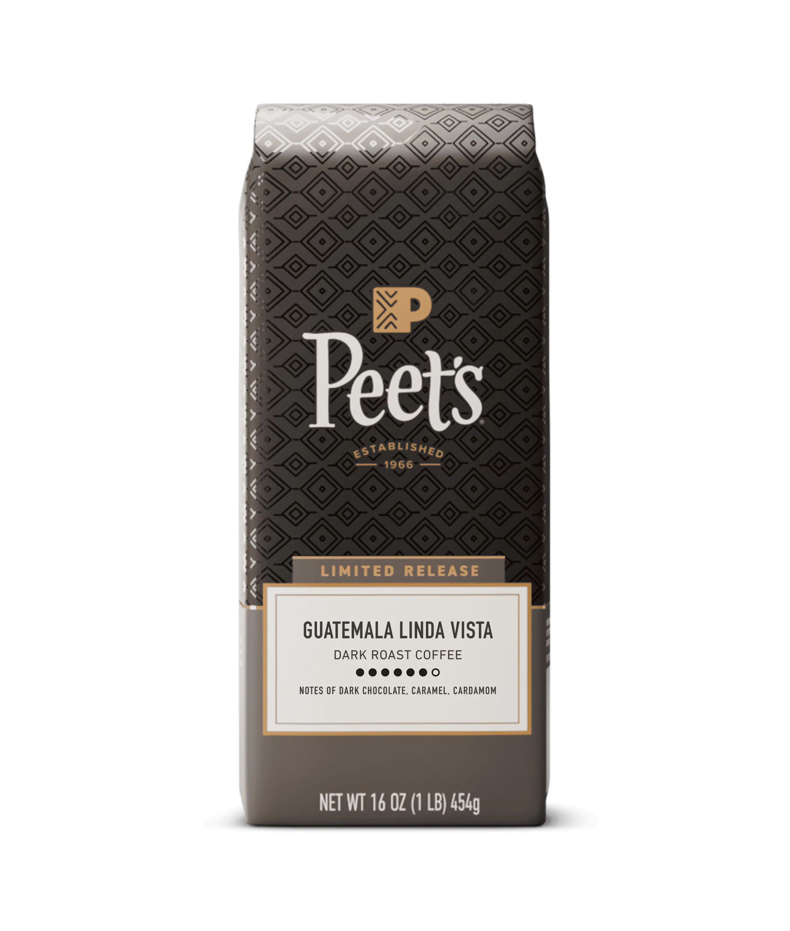 Peet's Guatemala Linda Vista dark roast coffee in a 16 oz bag, featuring a dark brown patterned design with gold and white text.