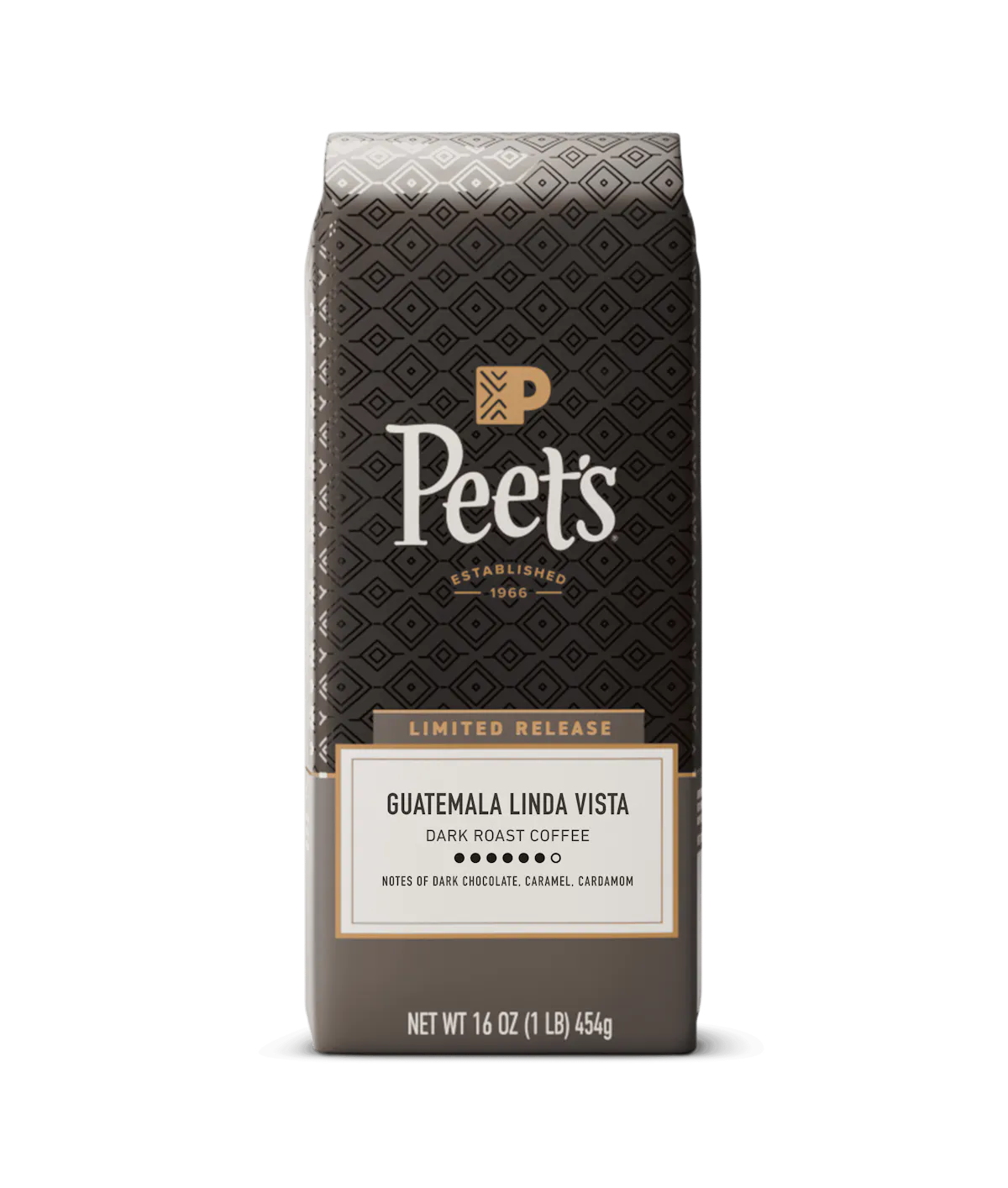 Peet's Guatemala Linda Vista dark roast coffee in a 16 oz bag, featuring a dark brown patterned design with gold and white text.