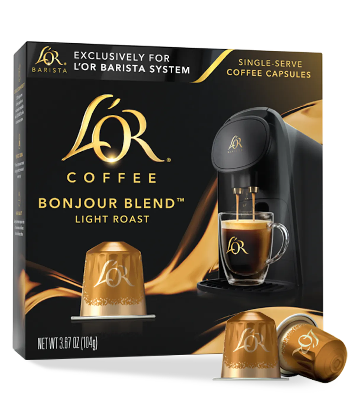 LöR Coffee Bonjour Blend packaging with coffee machine and capsules on a white background