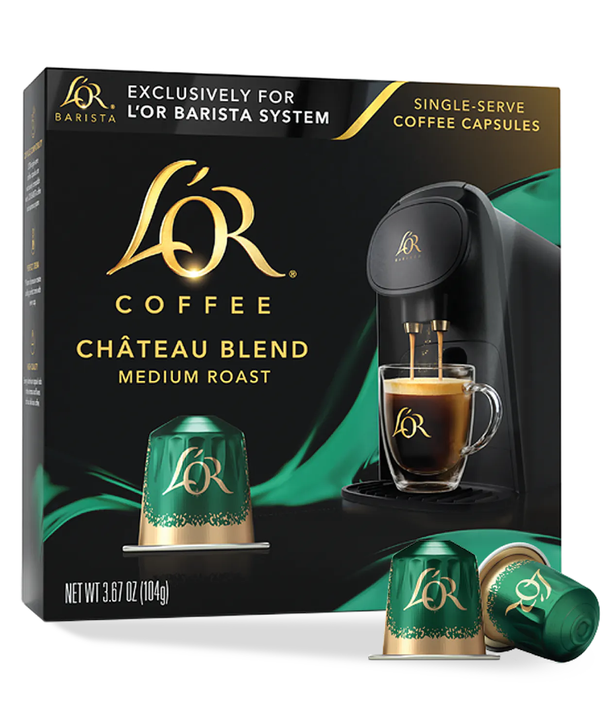 LöR Coffee Château Blend packaging with coffee capsule and coffee machine illustration.