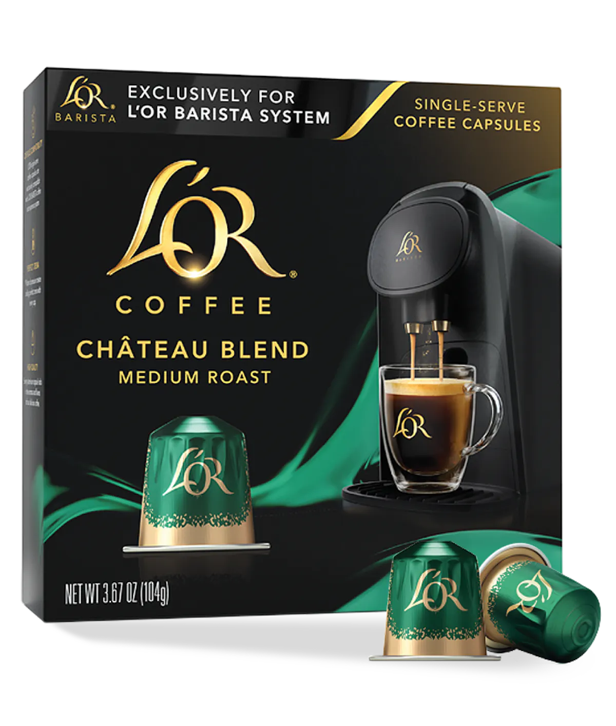 LöR Coffee Château Blend packaging with coffee capsule and coffee machine illustration.