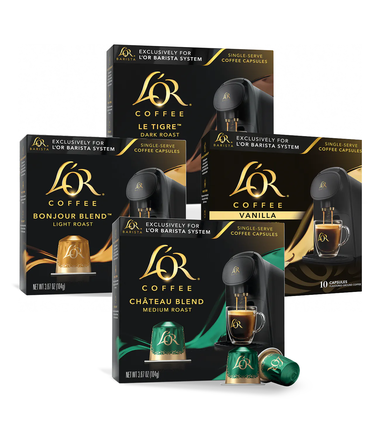 Four boxes of L'OR Coffee capsules with different blends on a white background