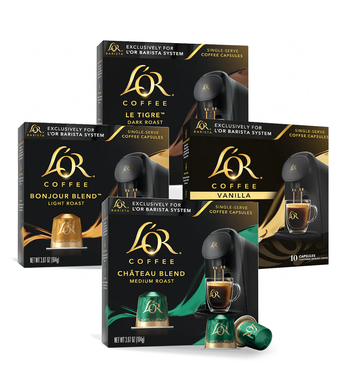 Four boxes of L'OR Coffee capsules with different blends on a white background
