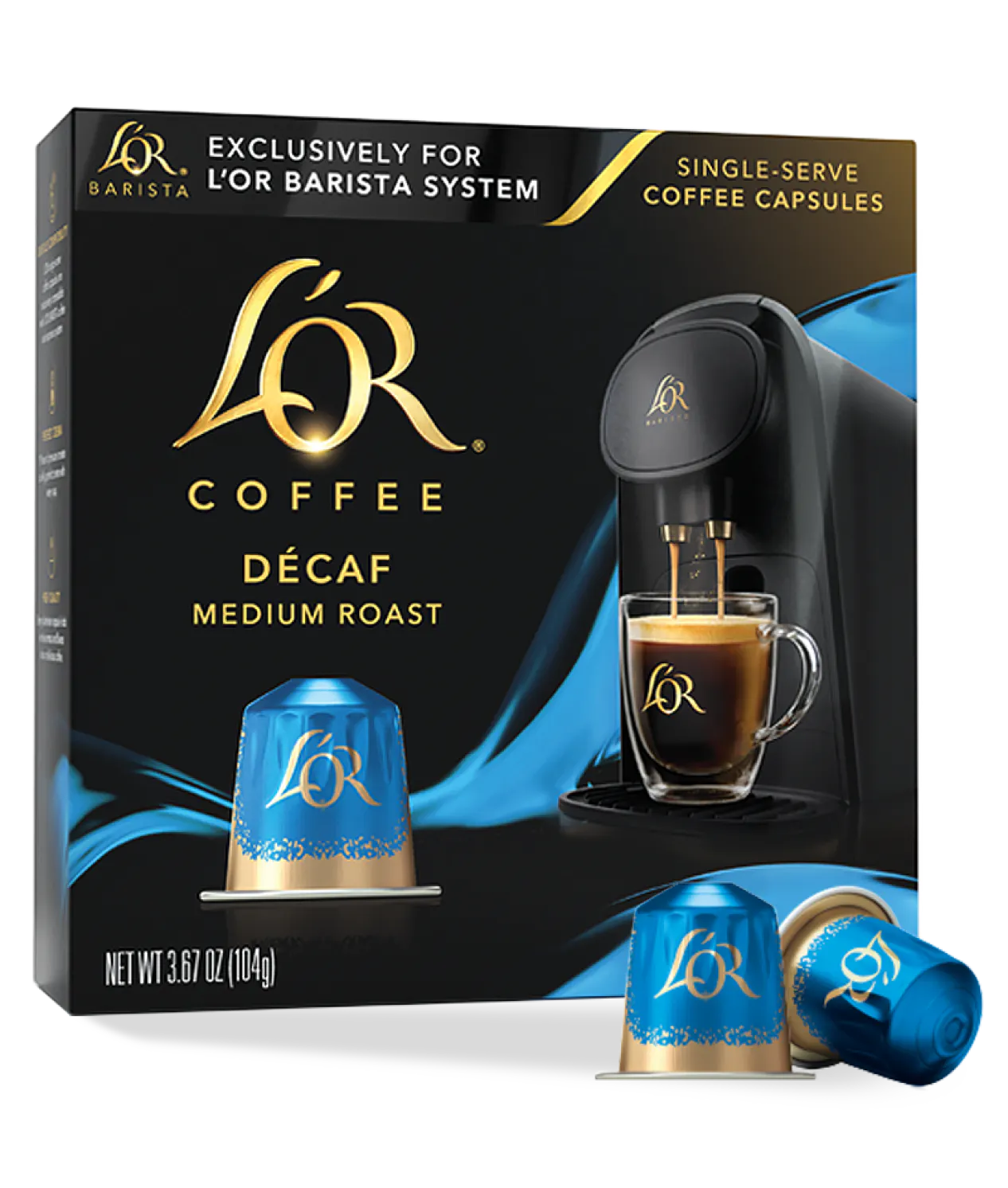 LöR Coffee Decaf packaging with coffee machine and cup on a white background