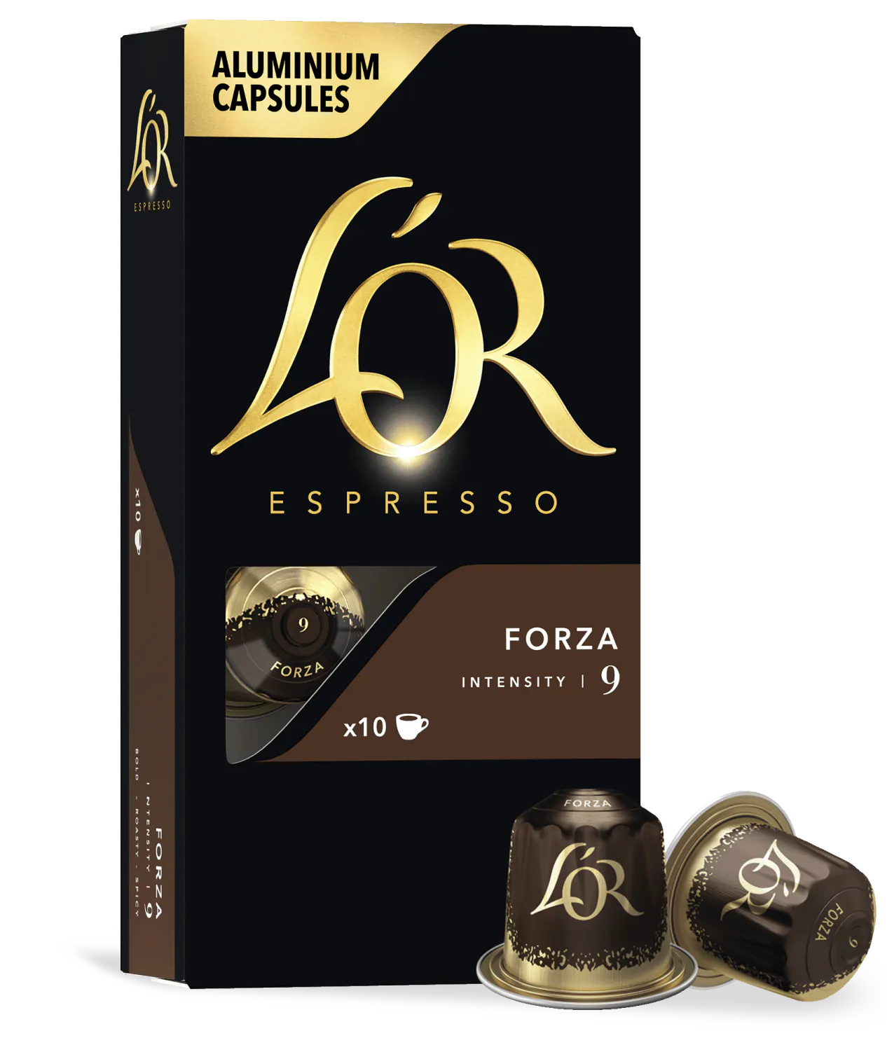 LoR Espresso capsules packaging with two capsules on a white background