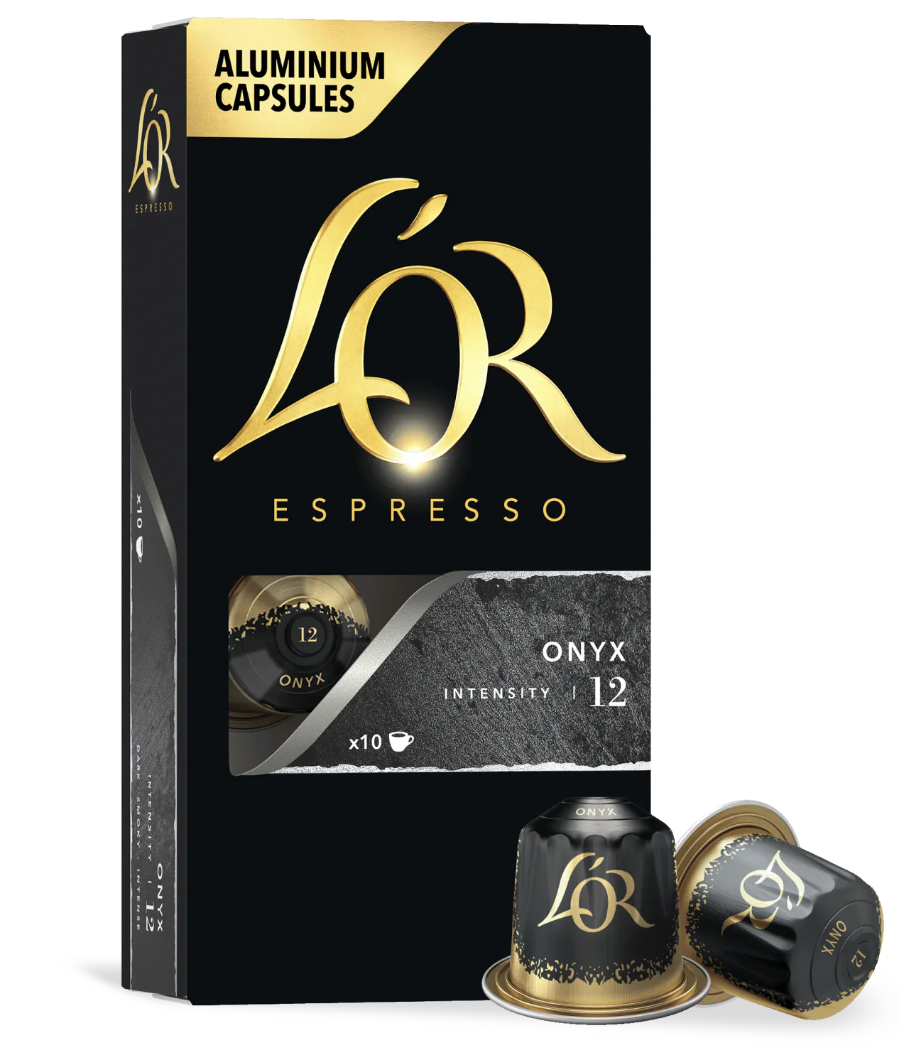 LöR Espresso aluminium capsules packaging with two capsules on a white background