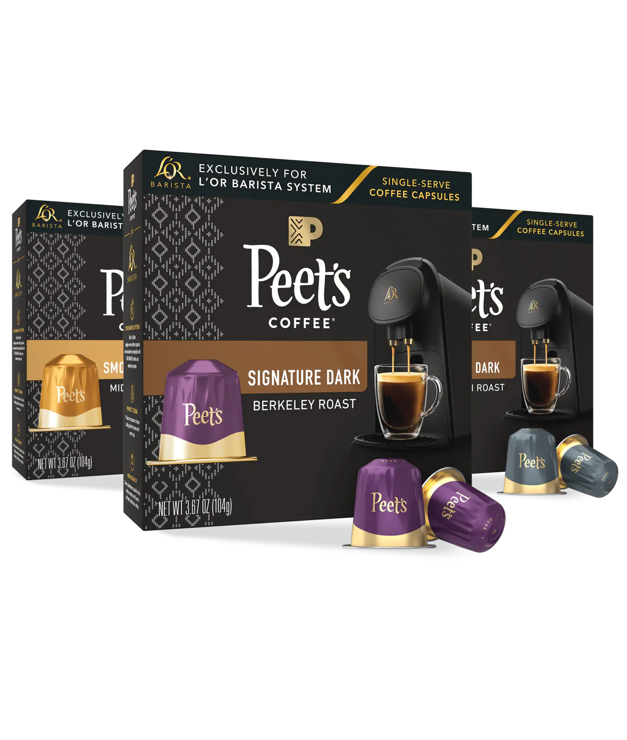 Peet's Coffee Signature Dark capsules and packaging on a white background