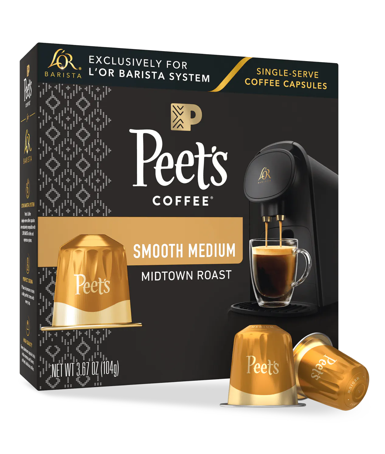 Peet's Coffee single-serve coffee capsules packaging with two capsules in front