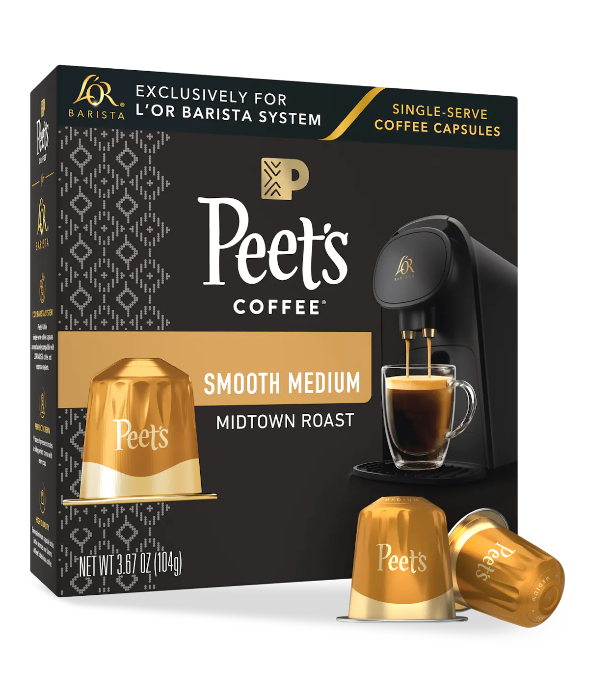 Peet's Coffee single-serve coffee capsules packaging with two capsules in front