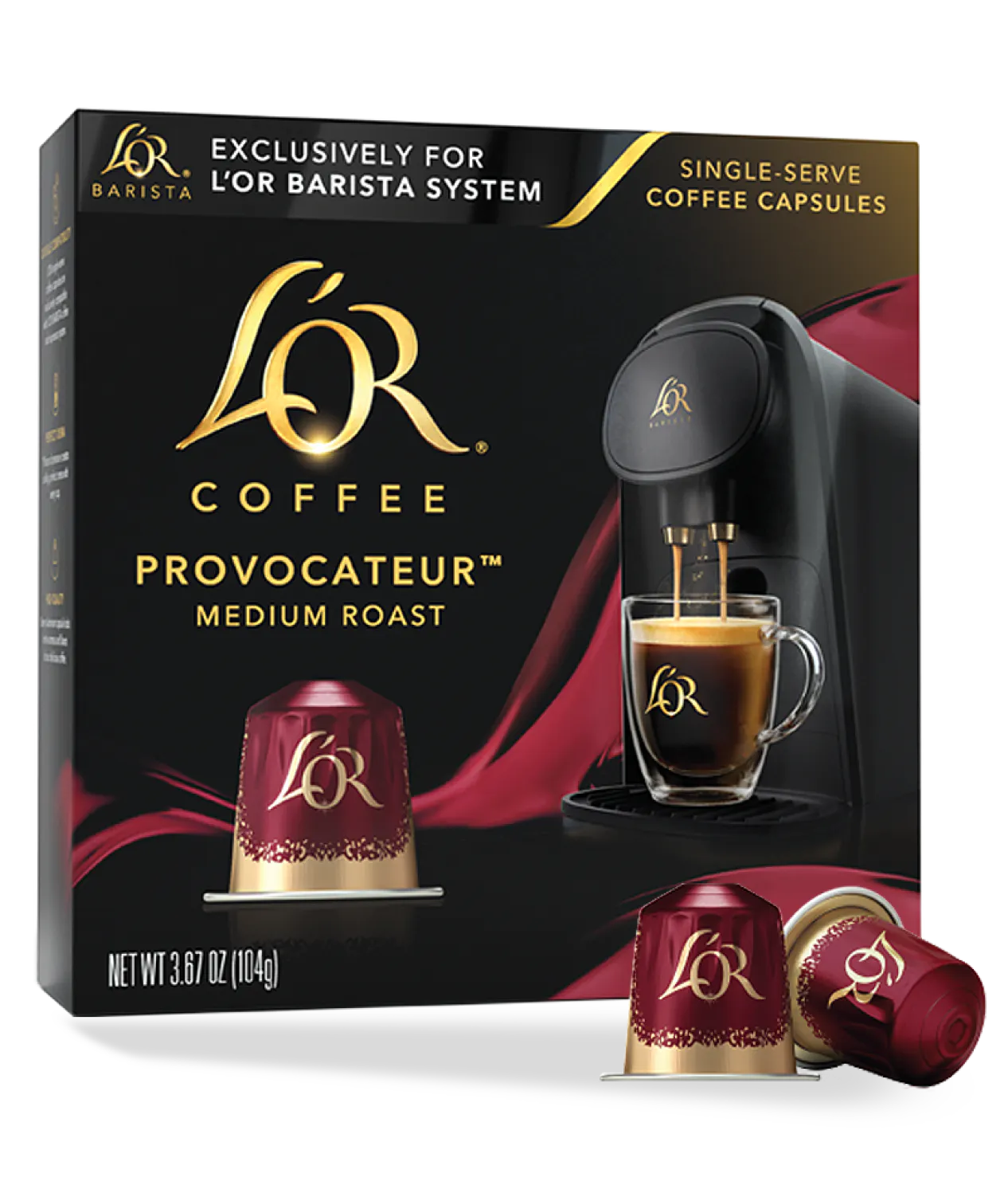 Lor Coffee Provocateur packaging with coffee capsule and machine illustration.