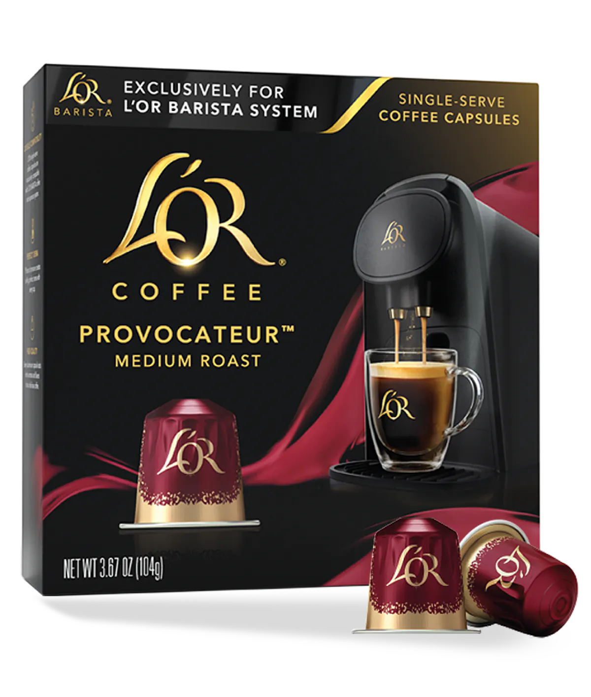 Lor Coffee Provocateur packaging with coffee capsule and machine illustration.