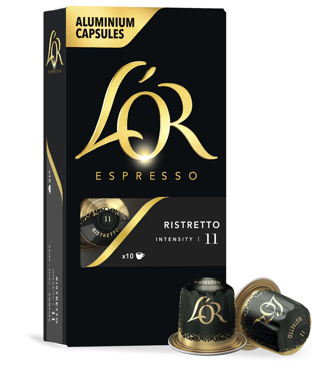 LöR Espresso aluminium capsules packaging with two capsules on a white background