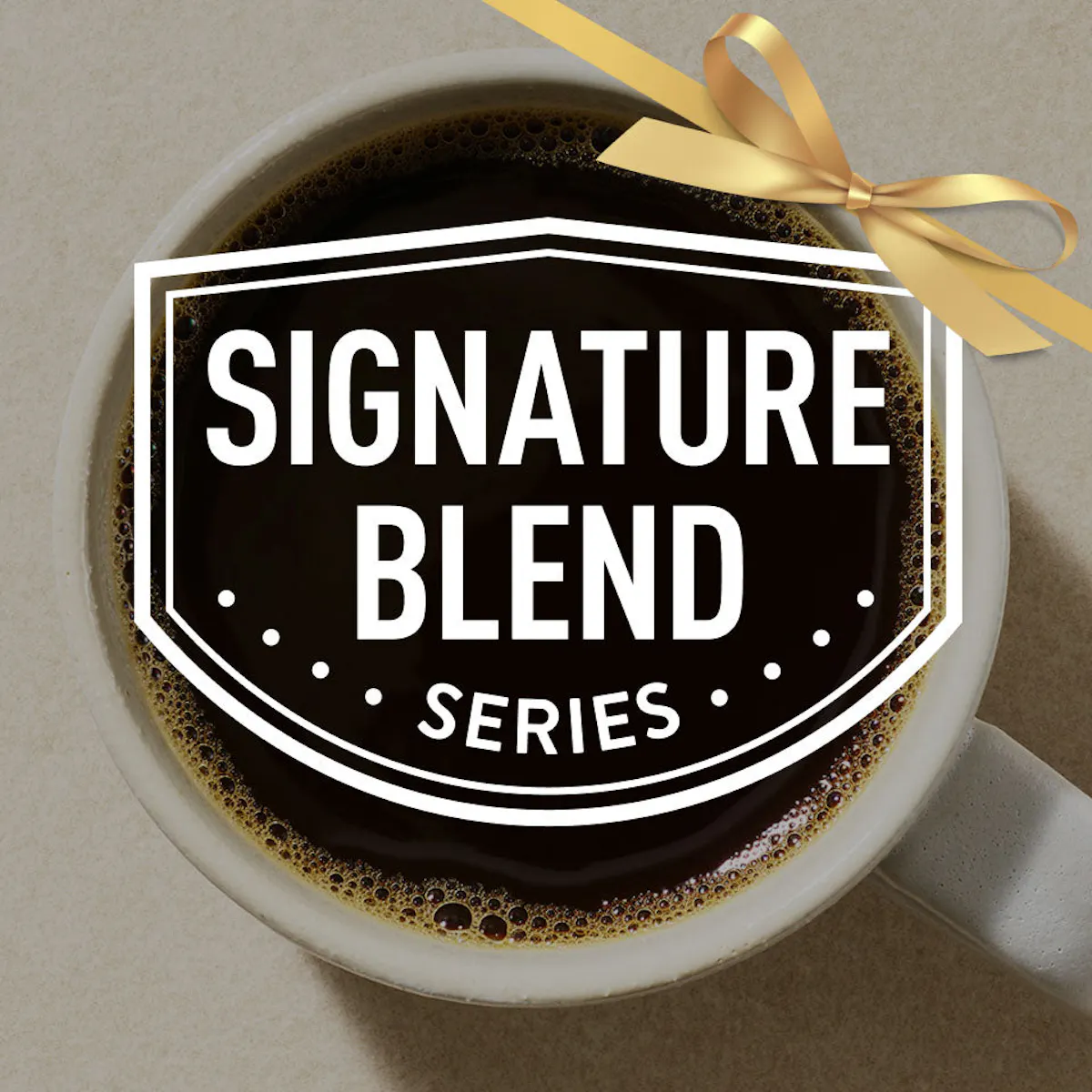Coffee cup with 'Signature Blend Series' label and gold ribbon on a beige background