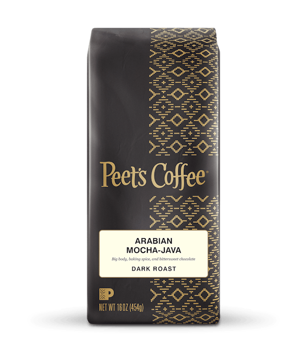 Peet's Coffee Arabian Mocha-Java Dark Roast Coffee beans in a brown 16 ounce bag